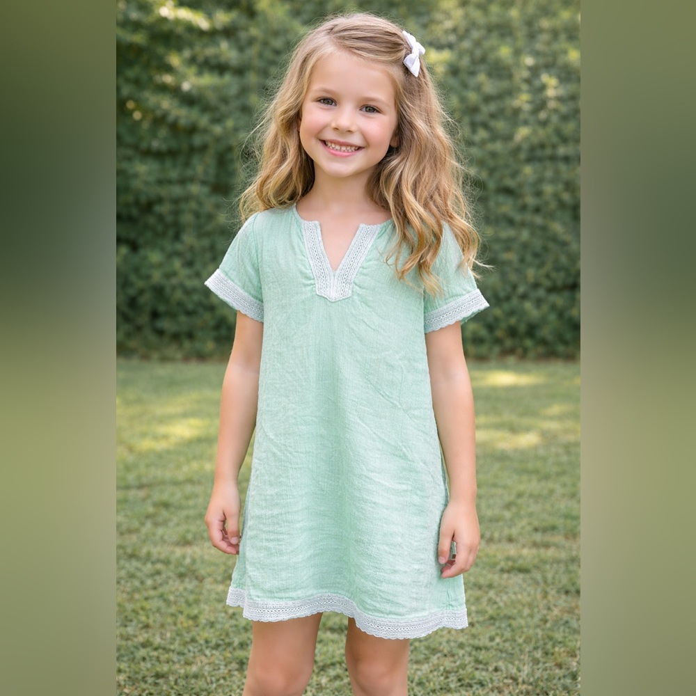 Sail to Sable Girls Mint Green Lace Trim Dress vacation summer dress Size 10